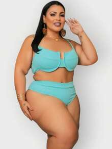 Plus Size Half Cup Bikini Set With High Waist And Adjustable Ties - Ana Ruga Women's - Baby Blue - View 1