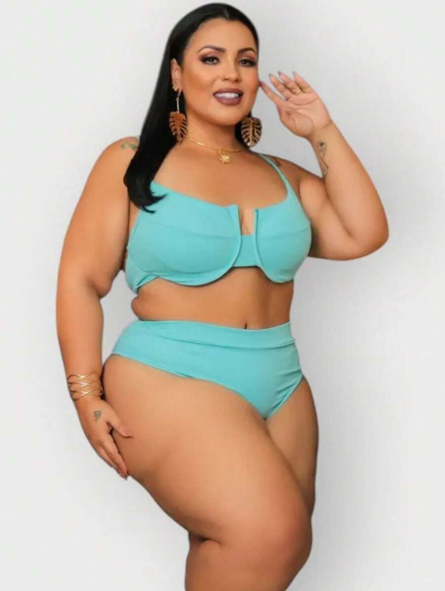 Plus Size Half Cup Bikini Set With High Waist And Adjustable Ties - Ana Ruga Women's - Baby Blue - View 1