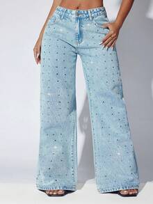 女士低腰阔腿休闲蓝色牛仔裤，斜插口袋设计，春季款 - 藍色 - 查看 3