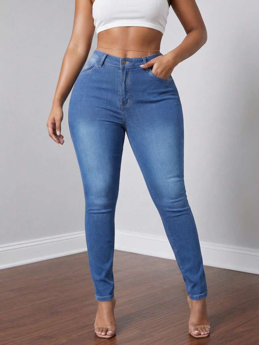 Women's High Waisted Solid Skinny Jeans - Basic Slim Fit Bodycon Denim Pants Soho Minimalist Essentials - Medium Wash - View 1