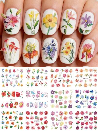 一套12张花卉元素美甲贴纸，包括绣球花、玫瑰、藤蔓等图案，水转印美甲贴花，适合春季美甲装饰，美甲用品。