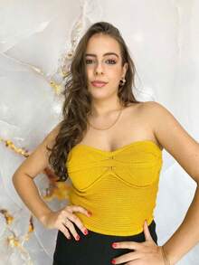 Top Cropped Corset Feminino Tomara que caia Tricot Modal Verão com Elástico Carnaval Colorido - Amarelo - Visão 3