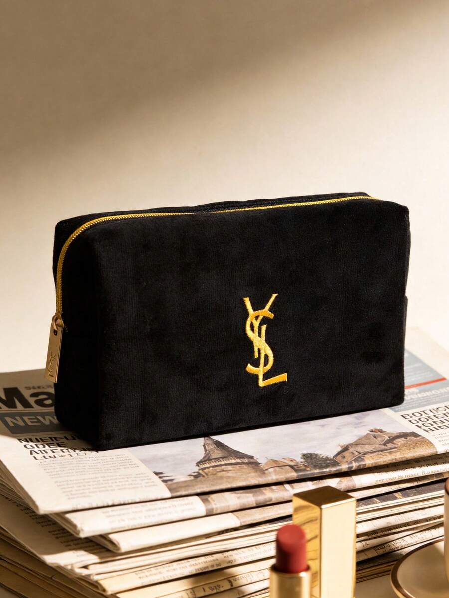 Yves Saint Laurent Materiel High-Quality Cosmetic Bag, Premium Velvet Storage Bag, New SS26 Fashion. Travel Essential. Makeup Bag, Luxurious Portable Lipstick Bag. - Black - View 1