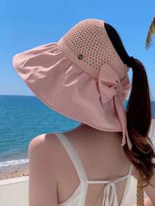 1pc New Summer Outdoor Women's Wide Brim Sun Hat, Foldable Bowknot Sunscreen Bucket Hat - A - View 1