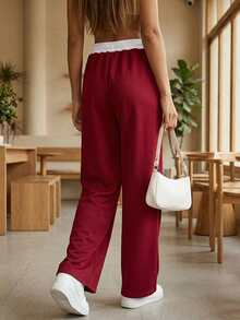 Women's Baggy Sweatpants Stylish Letter Print Mid Rise Wide Leg Drawstring Trousers For Fall And Winter - Burgundy - View 6