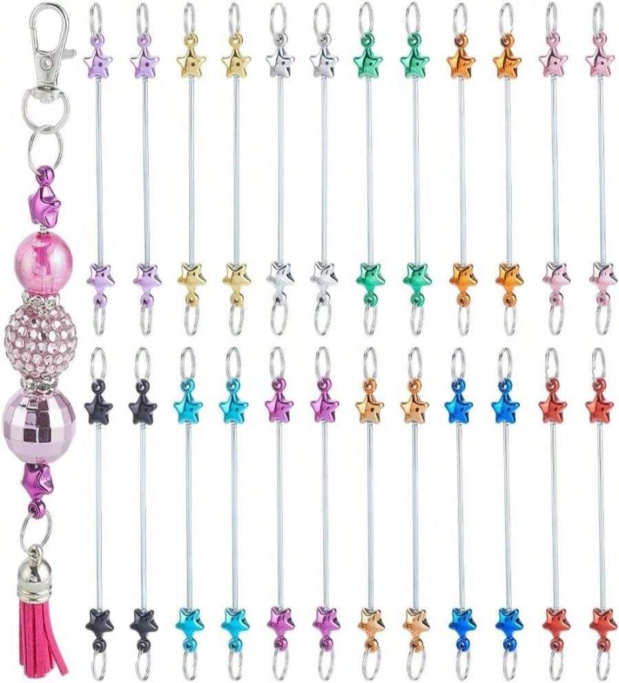 SUNNYCLUE 1 Box 24Pcs 12 Colors Beadable Keychain Blanks DIY Keychain Bars Bulk 90mm Long Stainless Steel Bar With Detachable Star Shaped Bead Blank For DIY Jewelry Making Key Rings Beading Supplies - White - 查看 1