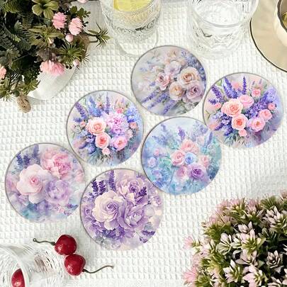 6pcs Set Watercolor Floral Pattern Heat Insulation Wooden Coasters, Suitable For Home, Office And Party Drinks, And Durable Absorbent Coasters, Perfect Holiday Gift