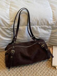 1个仿麂皮手提包，配金色五金配件，可转换成托特包或单肩包，拉链封口，复古休闲风格，适合秋冬季通勤、约会和购物。 - 咖啡 - 查看 2