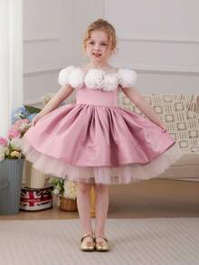 Young Girl 3D Rose Tulle Elegant Palace Style Flower Girl Dress, Princess Dress Suitable For Girls Birthday Party, Prom, Masquerade Ball, Flower Girl Wedding, Bridesmaid, Wedding Gown, Important Occasions And Festivals - Pink - View 8