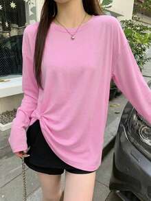 Women's Elegant New Year Round Neck Street Style Asymmetrical Hem Loose Long Sleeve T-Shirt With Side Slit, Spring/Autumn - 049 Pink - View 4