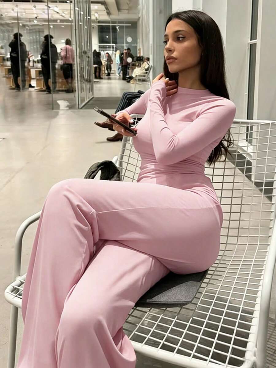 2 Stücke/Set Langarm-Top und weite Hose Outfit, lässiger Streetstyle Trainingsanzug, bequem für Frühling/Sommer - Pink - Übersicht 1