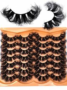 14 Pairs 9D Faux Mink Lashes, Soft & Fluffy Fake Eyelashes, Dramatic Messy Mink Lashes, Cat Eye Lashes, Extra Long & Thick Lashes, Comfortable & Versatile Multilayer Curly Handmade Lashes Suitable For Beginners, Reusable - 濃密款 - 查看 3