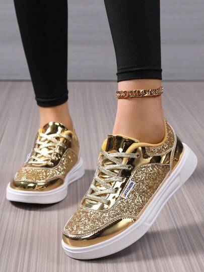 Women's Gold Color Sneakers, Fashion Ladies' Casual Sports Shoes, Shiny Tourist Shoes, Student Lace-Up Sneakers, Flat Running Shoes, Fashionable Jogging Shoes, Lightweight Shoes, Glitter Shoes, Stylish Personality Fashion Shoes