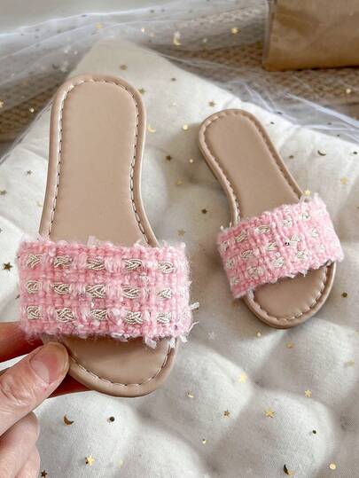 2026 New Girls Pink & Gold Knitted Plush Flat Open Toe Sandals, Suitable For Daily Walking, Convenience Store Shopping, Summer Camping