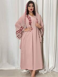 Fashion Street Style Summer Chiffon Embroidered Long Dress With Headscarf, Pink Round Neck, Modest Kaftan Spring - Pink - View 5