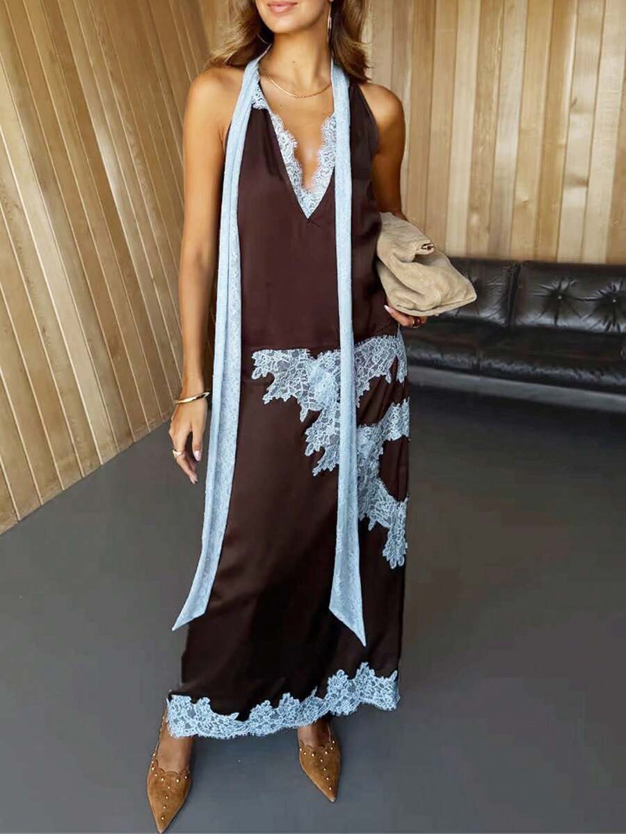 Magic Mia Women's Chocolate Brown & Blue Maxi Dress - Halter Neck & Contrast Lace Trim & V-Neck | Romantic Retro Fit For Bridal Showers, Date Nights, Vacation Evenings For Effortlessly Feminine Stylish Looks - màu nâu - Xem 1