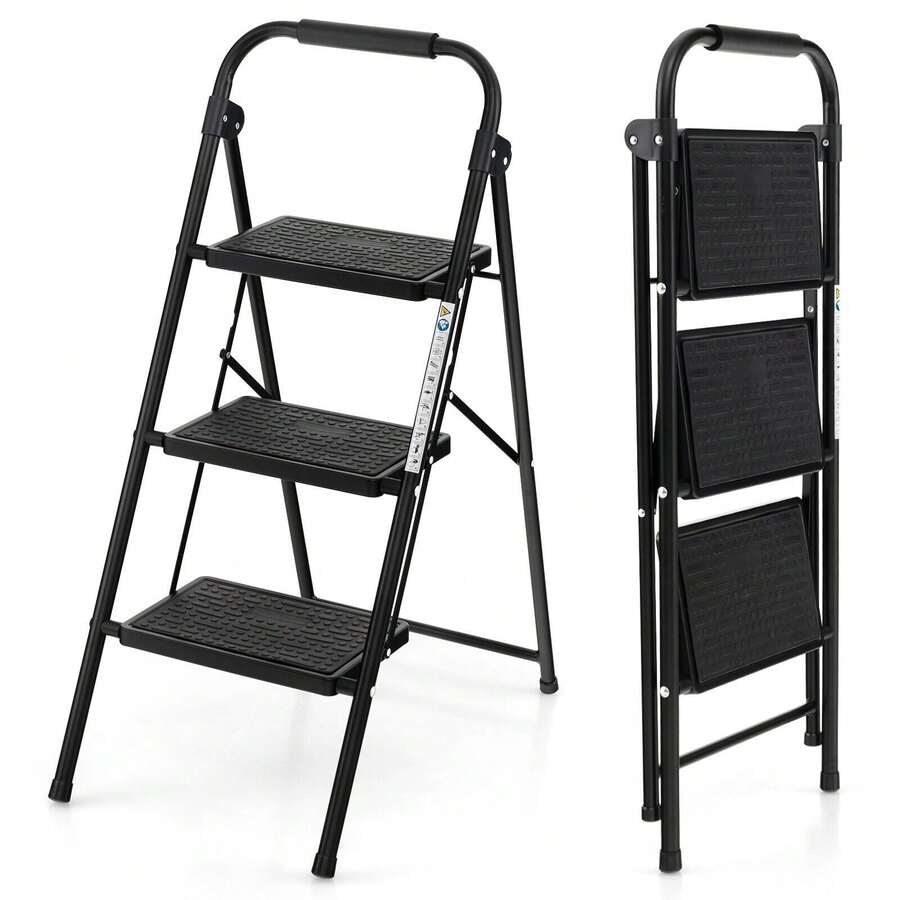 COSTWAY 3 Step Ladder, Folding Step Ladder W/ Wide Anti-Slip Pedals & Handgrip, Portable Step Stool For Household & Office, 330 LBS Capacity, Black - A - View 1