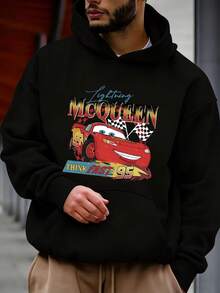 Disney Men's Casual Hoodie, Featuring The Cartoon Image Of Lightning McQueen From "Cars" And Retro Track Elements, With An American Sports Style, Suitable For Fans Of "Cars" And Retro Sports Enthusiasts - Black - View 3