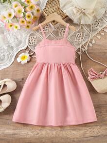 Young Girl's Casual Minimalist Dopamine Outfit Cute Style 3D Floral Design Camisole Pink Dress, Spring/Summer - Pink - View 4