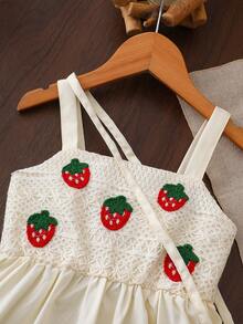 Young Girls' Strawberry Knit Camisole Double-Layer Cake Skirt With Matching Strawberry Crossbody Bag, Casual Dress For Spring/Summer - Apricot - View 3