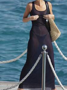 Nuevo vestido de playa transparente y sexy de malla para primavera y verano, cubrecostillas de bikini - azul real - Ver 7
