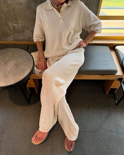 Conjunto de 2 piezas VIBEWAVE para mujer: Top de punto de manga corta y pantalón casual, de moda