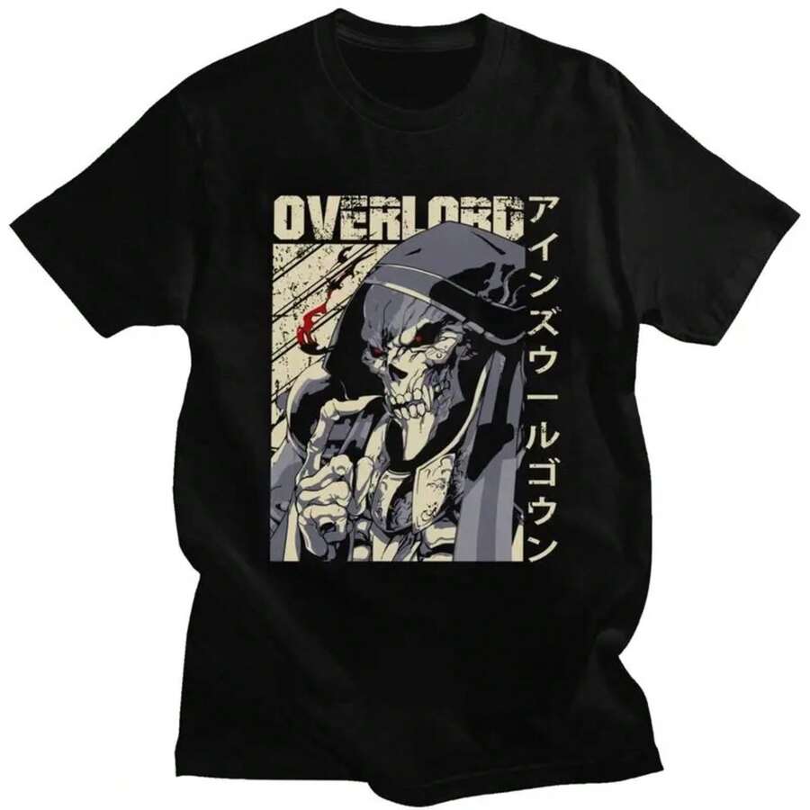 Custom Anime Skull Overlord Tshirts For Men Short Sleeves Casual T Shirt Ainz Ooal Gown Skeleton T-Shirts Pure Cotton Tees Gift - 黑色 - 查看 1