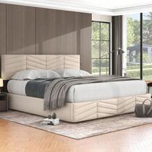 Lit double contemporain 180x200 cm en velours beige capitonné rayé - Tête de lit à hauteur variable et système hydraulique(Sans matelas) - Beige + Velours + 180 cm x 200 cm - Voir 7