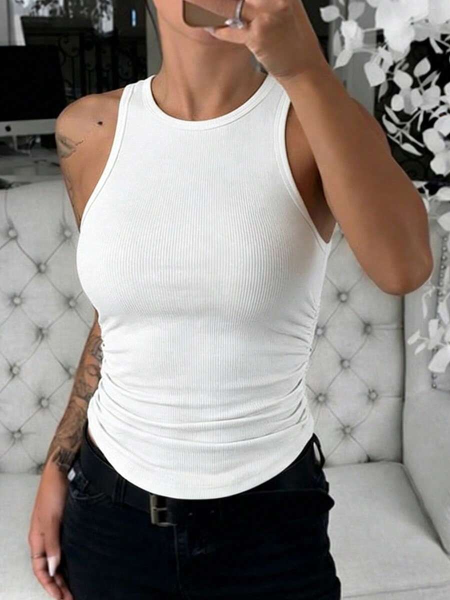 ChicMe 女士圆领无袖侧褶纹理背心，修身经典时尚休闲款，四季皆宜，白色夏季款