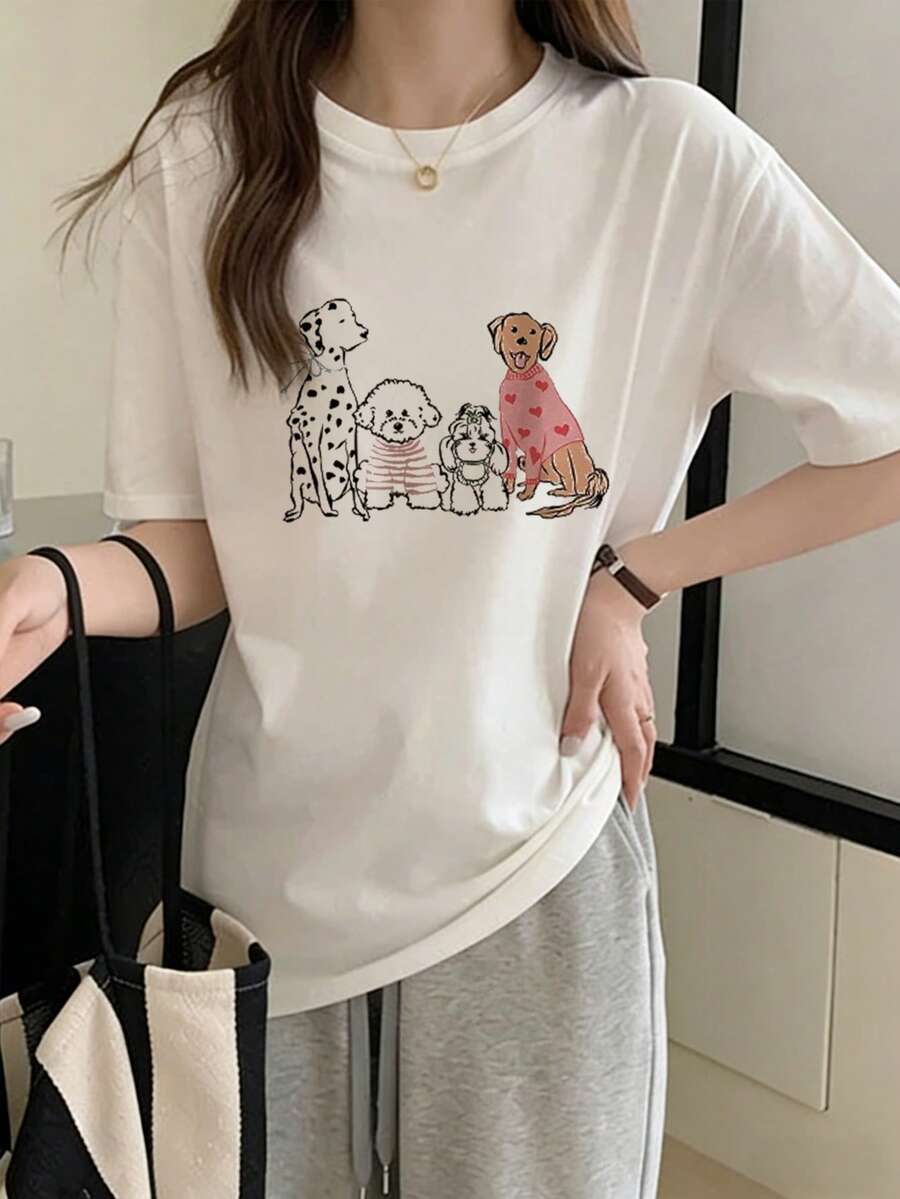 女士宽松圆领短袖T恤，卡通小狗字母印花，春夏款 - 白色 - 查看 1