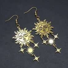 Brincos Vintage Vitorianos da Deusa Solar Dourada, Brincos Boemios Estilo Dangle com Rosto de Sol Oco e Padrão de Estrela, Adequados para Uso Diário - Ouro amarelo - Visão 4
