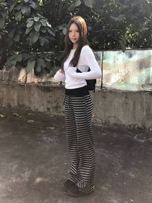 Japanese Style Colorblock Striped Patchwork Lace-Up Soft Comfortable Casual Pants Spring - Grey - View 9
