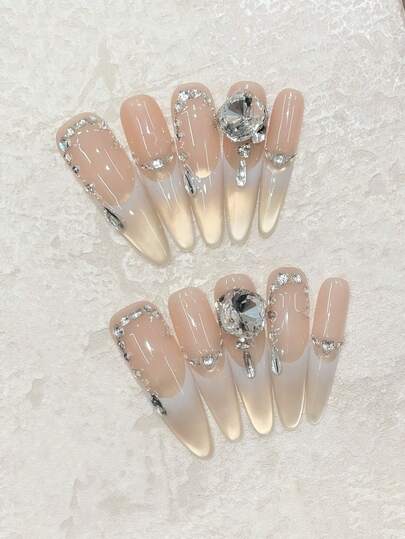 Cool Moonlight On Your Nails! 10pcs Handmade Long Pointed Nails, Gentle White Moonlight French Cat Eye Nail Design, Full Of Moisture, With Rhinestone Accents, K9 Square Rhinestones For A Luxurious And Premium Feel. Suitable For Cocktail Parties, Dances, Dates, Daily Outfits, And Everyday Luxury Wear. Enhances Fair Skin Tone And Elegance, Versatile For Daily Wear. Reusable Handmade Press-On Nail Set, Includes Gel Sheet And Mini Nail File. Handmade Press On Nails