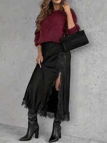 女士优雅纯色缎面蕾丝边半身裙，时尚百搭前开衩裙，黑色，春季款 - 黑色 - 查看 7