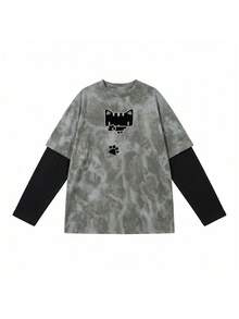 JUTU Spring & Autumn Cartoon Print Patchwork Tee, Loose Fit Crew Neck Long Sleeve Top, Suitable For Vacation, Spring Festival Casual - 409 Ash Black - KJ0217 - View 6