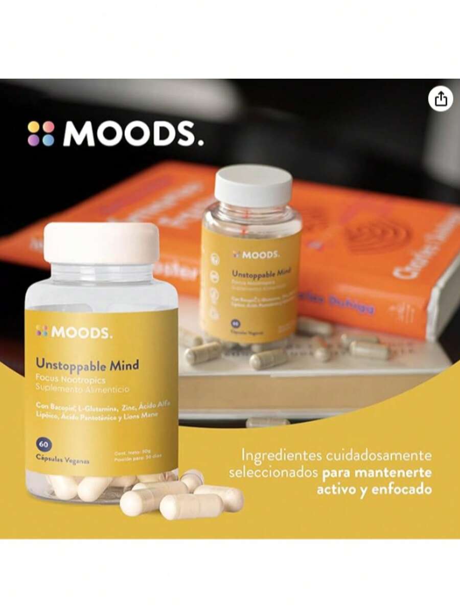 Moods | Nootropico para la Mente con Melena de León, Bacopin, L-Glutamina, Ácido Alfa Lipoico y Zinc - Suplemento natural para Concentracion, Memoria y Agilidad Mental - 60 Cápsulas Veganas - Unstoppable Mind - Amarillo Mostaza - Ver 1