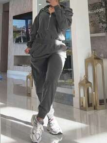 Women's Solid-Color Casual Jumpsuit With Hood, Drawstring Design, Zippered Pockets, And Long Sleeves Spring - Dark Grey - View 4