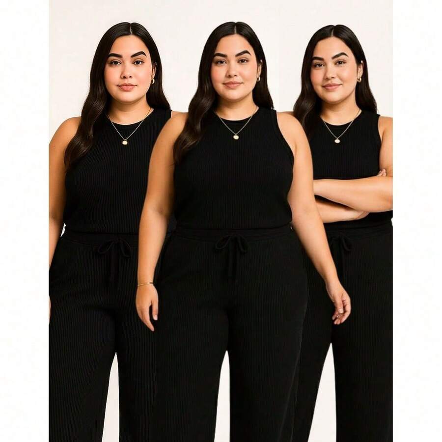 Set Of 3 Wide Leg Pants With Pockets + Women's Plus Size Tank Top - 黑色 - 查看 1