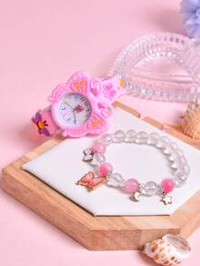 2pcs/Set Creative Rotating Butterfly Dial Watch, Fashion Quartz Wrist Watch & Bracelet For Girls - Pink - View 8