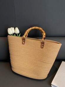 BAILEE A Casual, Stylish, Vacation-Themed Bamboo-Handled Woven Handbag. It Is Lightweight, Durable, And Has Ample Capacity. An Excellent Choice For Gifts. - Multicolor - View 13