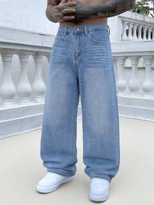 1pc Vintage Washed Loose Fit Wide Leg Men's Jeans, Non-Stretch, Suitable For Casual And Work Wear - Light Wash - View 3