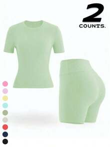 2 Piece Women's Solid Color Activewear Set, Crew Neck & Lapel Short Sleeve Tees With High-Waisted Biker Slim-Fit Shorts, High Stretch Gym Workout Outfit, Fitness Sportswear For Indoor Outdoor Casual Gym Fitness Workspace - 軍綠色 - 查看 6