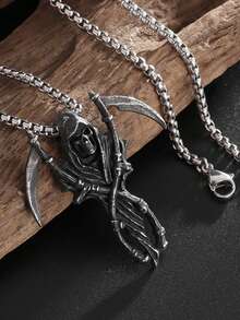 1件复古哥特式地狱死神镰刀骷髅吊坠男女项链朋克摇滚万圣节派对饰品礼物 - 時尚 - 查看 4