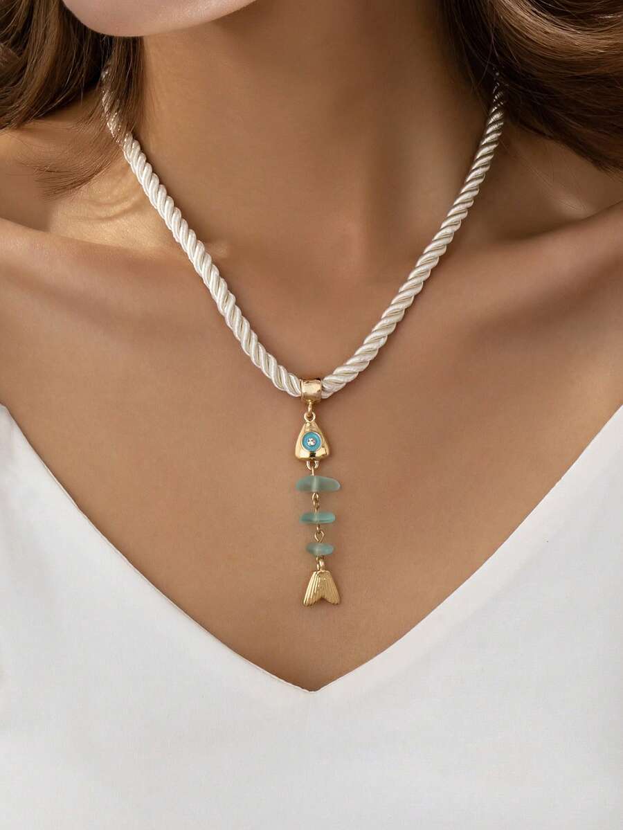 1件波西米亚风编织绳鱼形吊坠项链，女士海滩度假风魅力鱼形项链首饰 - 彩色 - 查看 1