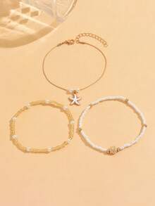3pcs/Set Fashionable Versatile Glass Beaded Handmade Anklet, Ocean Style Starfish Pendant, Romantic Beach Vacation Jewelry Accessory For Women - Multicolor - View 2