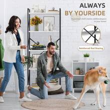 Vongrasig 5 Tier Bookshelf, Free Standing Bookcase Organizer Farmhouse Kitchen Ladder Shelves Rustic Wood Open Shelves Metal Frame, Vintage Storage Display Rack For Living Room, Bedroom Home Office - Trắng + Đen - Xem 7