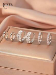 Hihho Bộ 6 khuyên tai tròn đính đá Cubic Zirconia sáng bóng, khuyên tai tròn hình chữ U với lớp hoàn thiện đánh bóng cổ điển, quà tặng trang sức dự tiệc tuyệt đẹp cho phụ nữ - Bạc - Xem 7