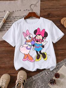 Disney Minnie Mouse & Daisy Duck Best Friends BFF Retro Fashion Sunglasses Printed Pattern T-Shirts For Girls - Children's Clothing Design Short-Sleeved Casual And Cute Style Comfortable And Casual Wear All Year Round Suitable For Parties And Play Machine Washable Gift Children's Clothing Girls' Short-Sleeved Shirts - trắng - Xem 2