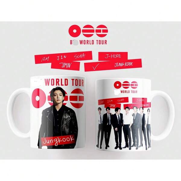 Caneca BTSs Word Tour Kpopp - BT21 - Porcelana Personalizada 325ML