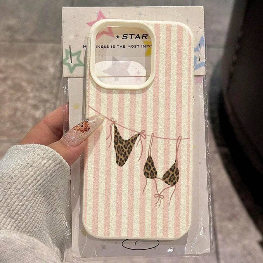 1pc TPU Material Fresh Pink Striped Leopard Print Bikini Pattern Phone Case Compatible With IPhone 17 Pro Max/17/16 Pro Max/15/13/12/11, S20 FE/A15/S24/A55, Note 11/12/13 Pro, Full Coverage Anti-Drop Soft Protective Cover,International Version, Not The Domestic Version - White - View 1